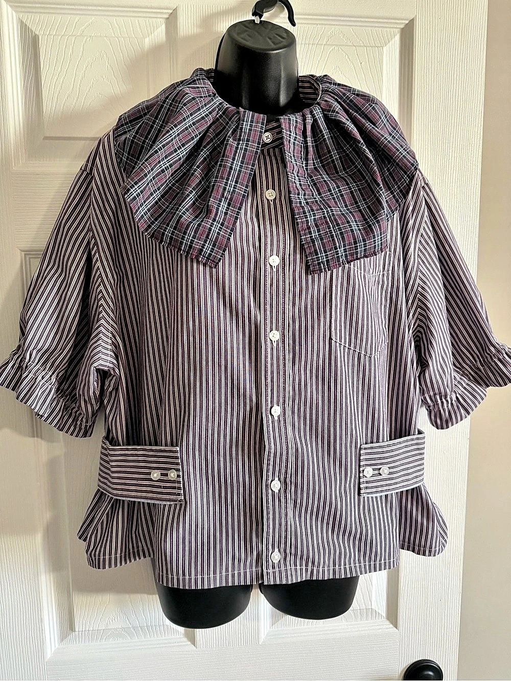 Upcycled Croft & Barrow Striped Ruffle Shirt in Purple & White Size XL